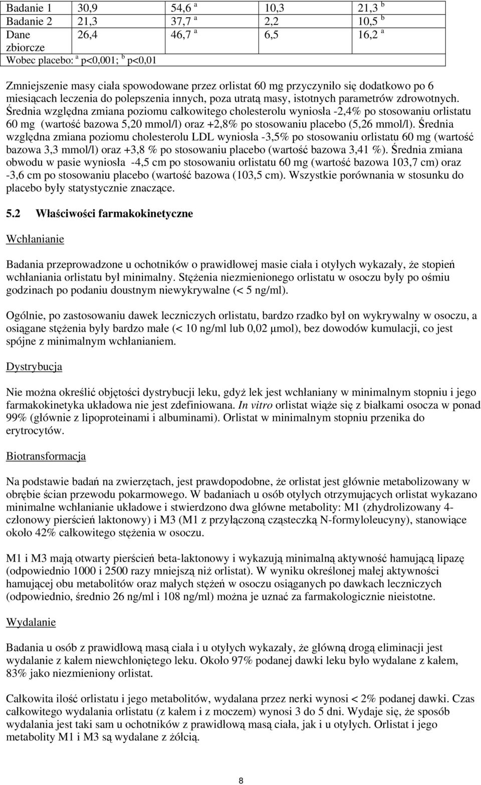 Średnia względna zmiana poziomu całkowitego cholesterolu wyniosła -2,4% po stosowaniu orlistatu 60 mg (wartość bazowa 5,20 mmol/l) oraz +2,8% po stosowaniu placebo (5,26 mmol/l).