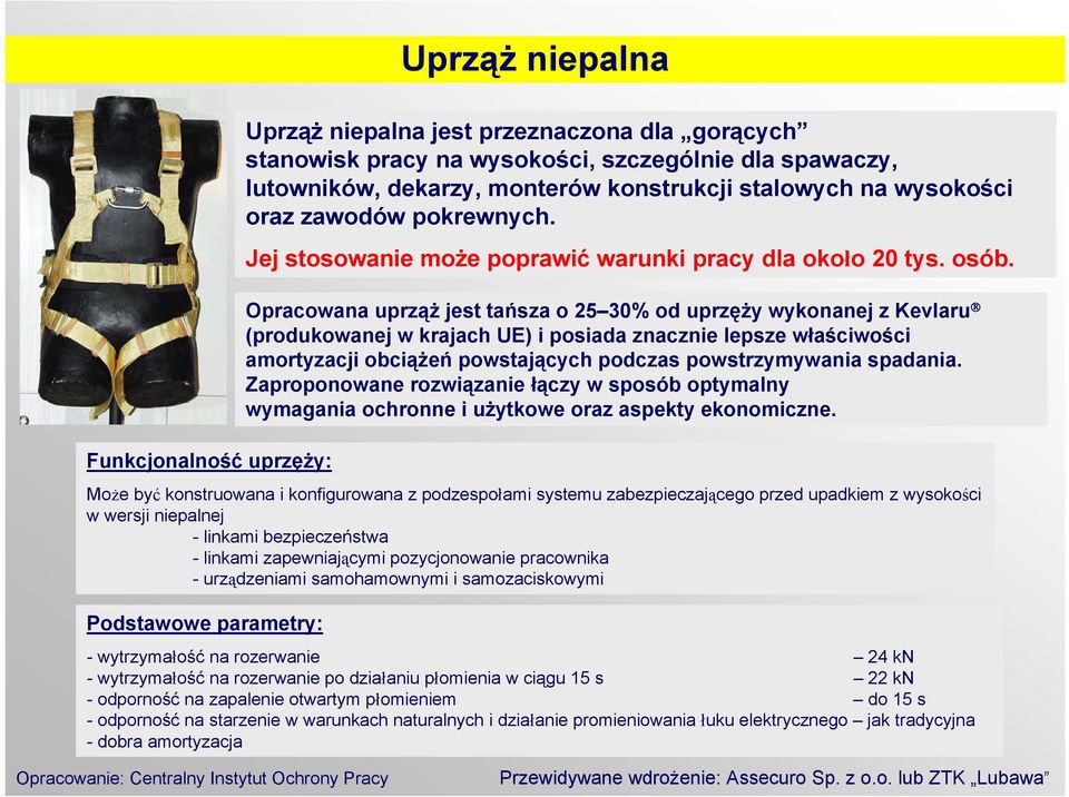 Opracowana uprząż jest tańsza o 25 30% od uprzęży wykonanej z Kevlaru (produkowanej w krajach UE) i posiada znacznie lepsze właściwości amortyzacji obciążeń powstających podczas powstrzymywania