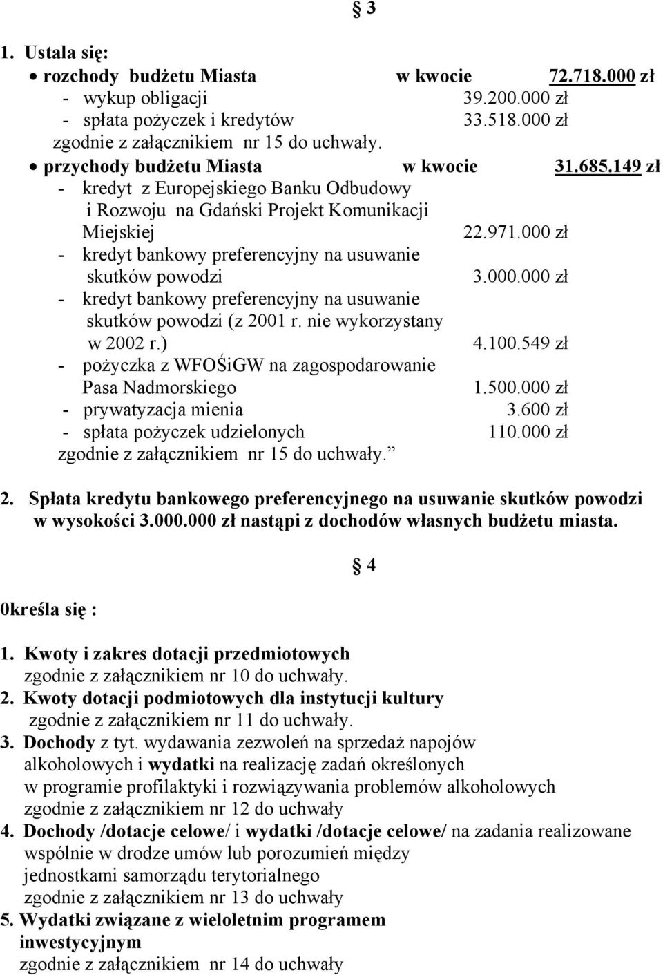 000 zł - kredyt bankowy preferencyjny na usuwanie skutków powodzi 3.000.000 zł - kredyt bankowy preferencyjny na usuwanie skutków powodzi (z 2001 r. nie wykorzystany w 2002 r.) 4.100.