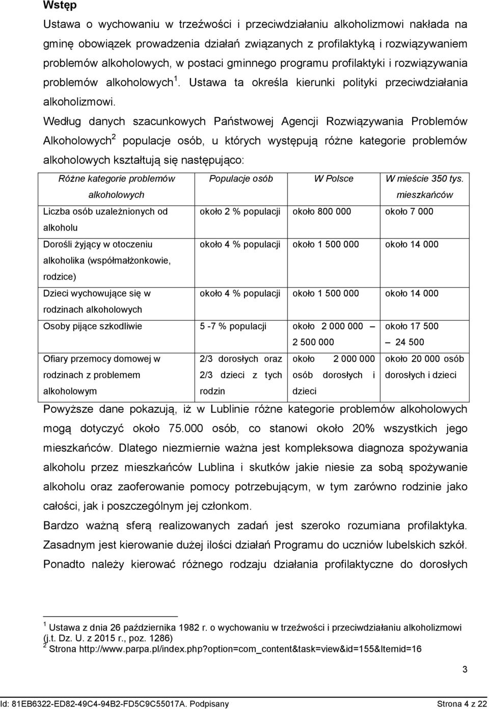 Według danych szacunkowych Państwowej Agencji Rozwiązywania Problemów Alkoholowych 2 populacje osób, u których występują różne kategorie problemów alkoholowych kształtują się następująco: Różne