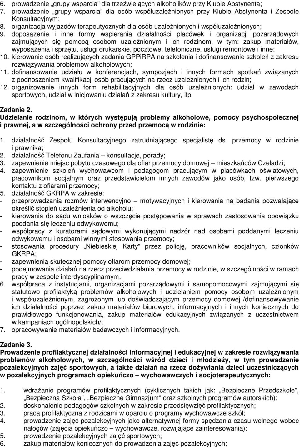 doposażenie i inne formy wspierania działalności placówek i organizacji pozarządowych zajmujących się pomocą osobom uzależnionym i ich rodzinom, w tym: zakup materiałów, wyposażenia i sprzętu, usługi