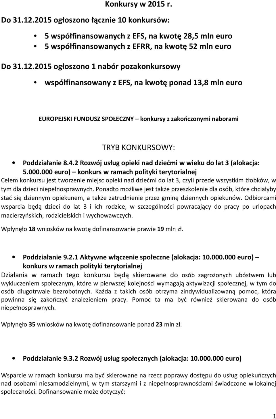 2015 ogłoszono 1 nabór pozakonkursowy współfinansowany z EFS, na kwotę ponad 13,8 mln euro EUROPEJSKI FUNDUSZ SPOŁECZNY konkursy z zakończonymi naborami TRYB KONKURSOWY: Poddziałanie 8.4.