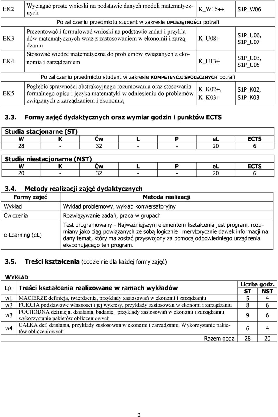 K_U08+ K_U13+ S1P_W06 S1P_U06, S1P_U07 S1P_U03, S1P_U05 Po zaliczeniu przedmiotu student w zakresie KOMPETENCJI SPOŁECZNYCH potrafi Pogłębić sprawności abstrakcyjnego rozumowania oraz stosowania