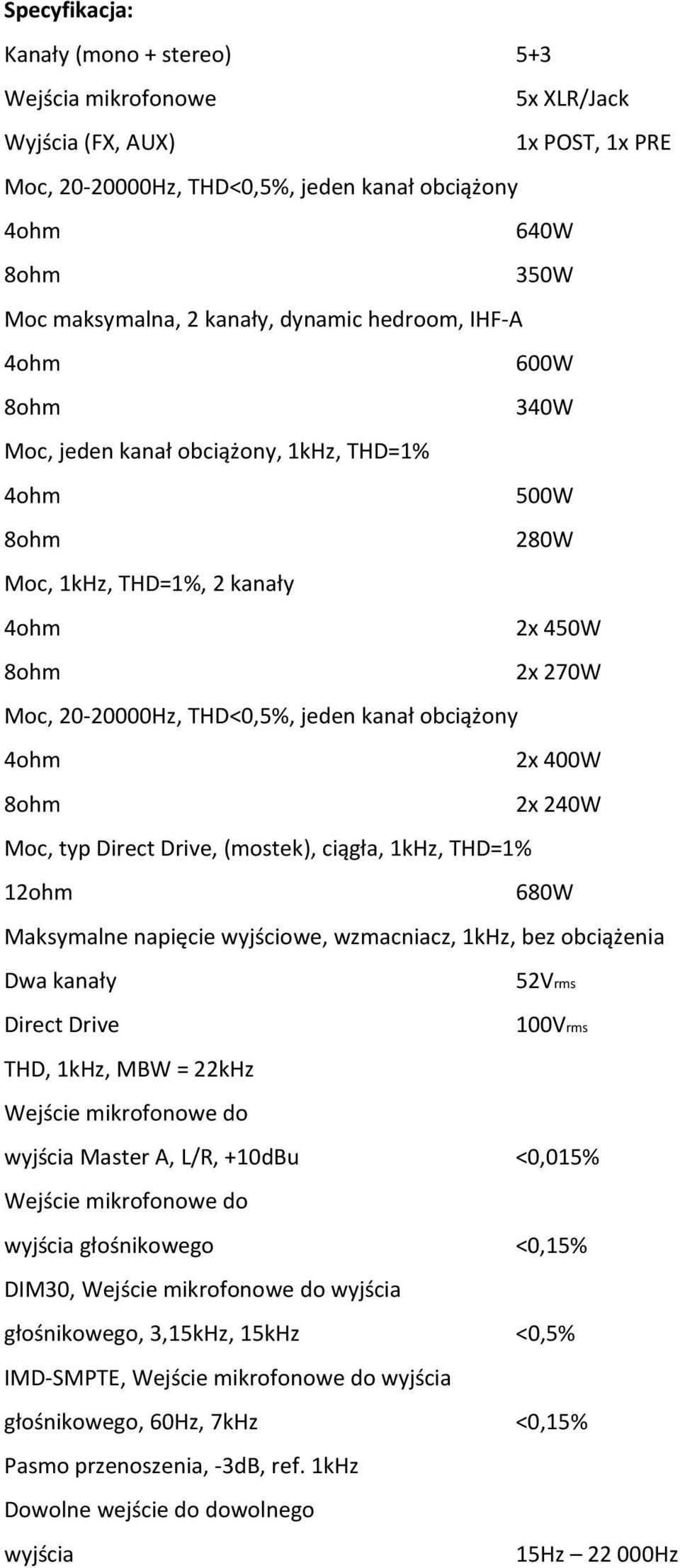 Direct Drive, (mostek), ciągła, 1kHz, THD=1% 12ohm 680W Maksymalne napięcie wyjściowe, wzmacniacz, 1kHz, bez obciążenia Dwa kanały Direct Drive THD, 1kHz, MBW = 22kHz Wejście mikrofonowe do 52Vrms