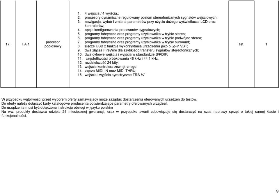 programy fabryczne oraz programy użytkownika w trybie stereo; 6. programy fabryczne oraz programy użytkownika w trybie podwójne stereo; 7.