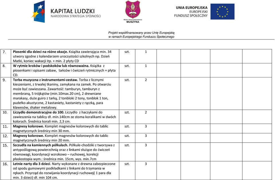 Torba z licznymi kieszeniami, z trwałej tkaniny, zamykana na zamek. Po otwarciu może być zawieszana. Zawartość: tamburyn, tamburyn z membraną, 5 trójkątów (min.10max.