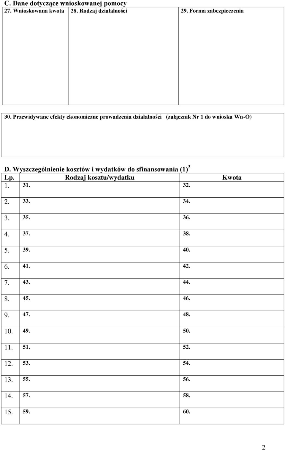 Wyszczególnienie kosztów i wydatków do sfinansowania (1) 3 Lp. Rodzaj kosztu/wydatku Kwota 1. 31. 32. 2. 33. 34. 3. 35.