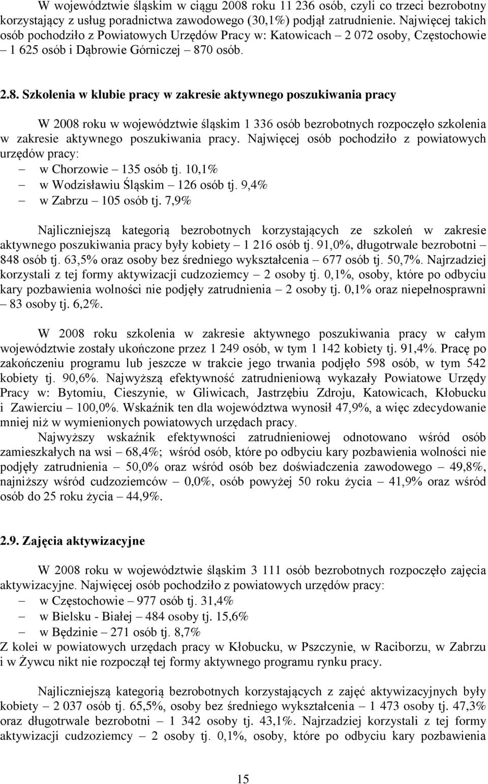 0 osób. 2.8. Szkolenia w klubie pracy w zakresie aktywnego poszukiwania pracy W 2008 roku w województwie śląskim 1 336 osób bezrobotnych rozpoczęło w zakresie aktywnego poszukiwania pracy.