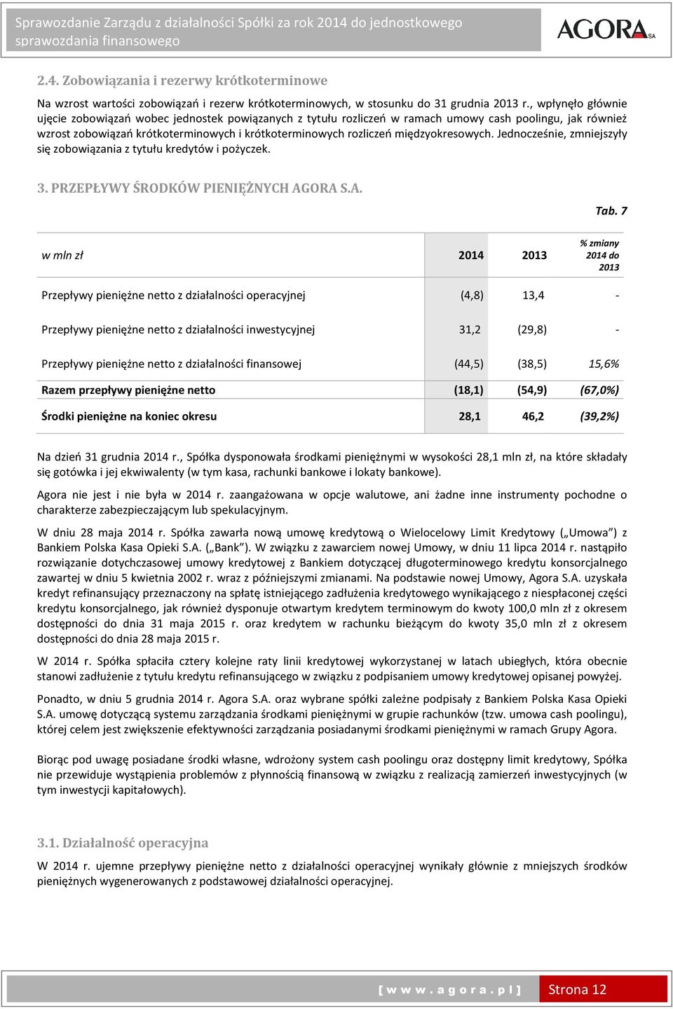 międzyokresowych. Jednocześnie, zmniejszyły się zobowiązania z tytułu kredytów i pożyczek. 3. PRZEPŁYWY ŚRODKÓW PIENIĘŻNYCH AGORA S.A. w mln zł 2014 2013 Tab.