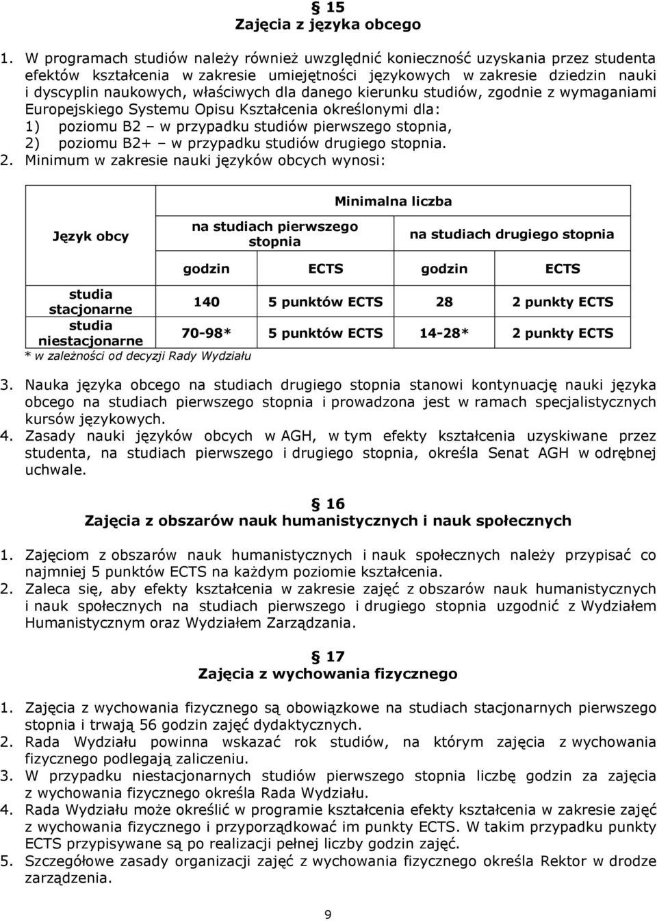 dla danego kierunku studiów, zgodnie z wymaganiami Europejskiego Systemu Opisu Kształcenia określonymi dla: 1) poziomu B2 w przypadku studiów pierwszego stopnia, 2) poziomu B2+ w przypadku studiów