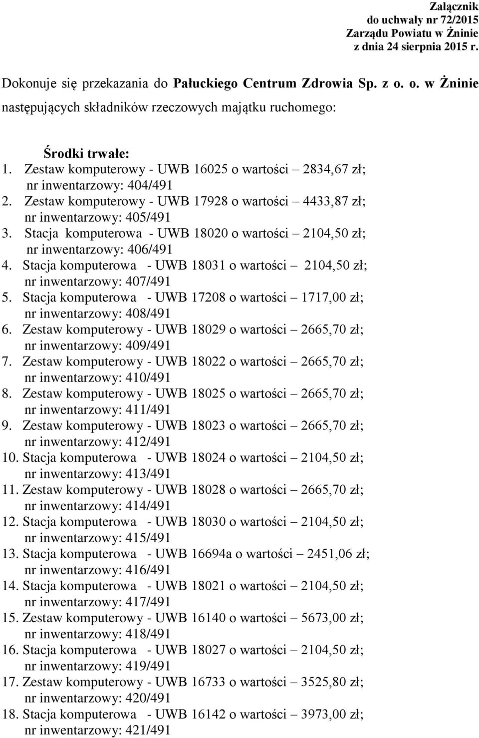 Zestaw komputerowy - UWB 17928 o wartości 4433,87 zł; nr inwentarzowy: 405/491 3. Stacja komputerowa - UWB 18020 o wartości 2104,50 zł; nr inwentarzowy: 406/491 4.