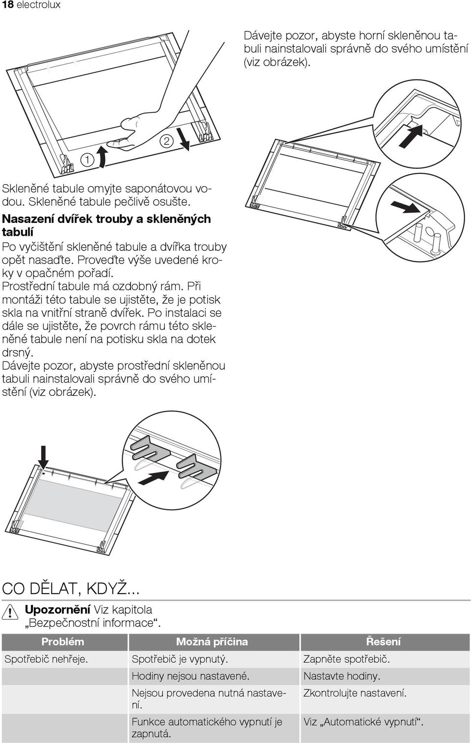 Při montáži této tabule se ujistěte, že je potisk skla na vnitřní straně dvířek. Po instalaci se dále se ujistěte, že povrch rámu této skleněné tabule není na potisku skla na dotek drsný.