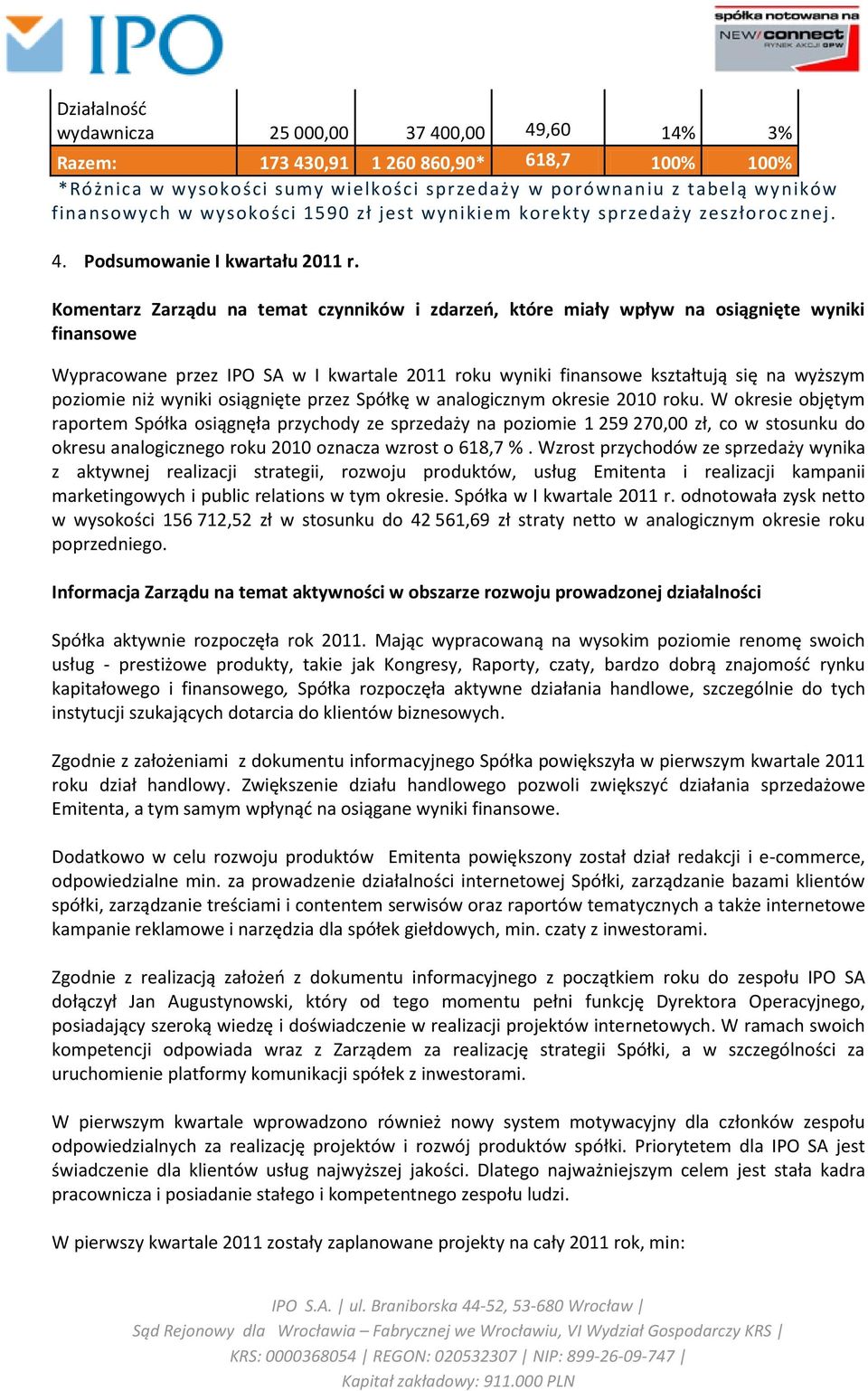 Komentarz Zarządu na temat czynników i zdarzeo, które miały wpływ na osiągnięte wyniki finansowe Wypracowane przez IPO SA w I kwartale 2011 roku wyniki finansowe kształtują się na wyższym poziomie