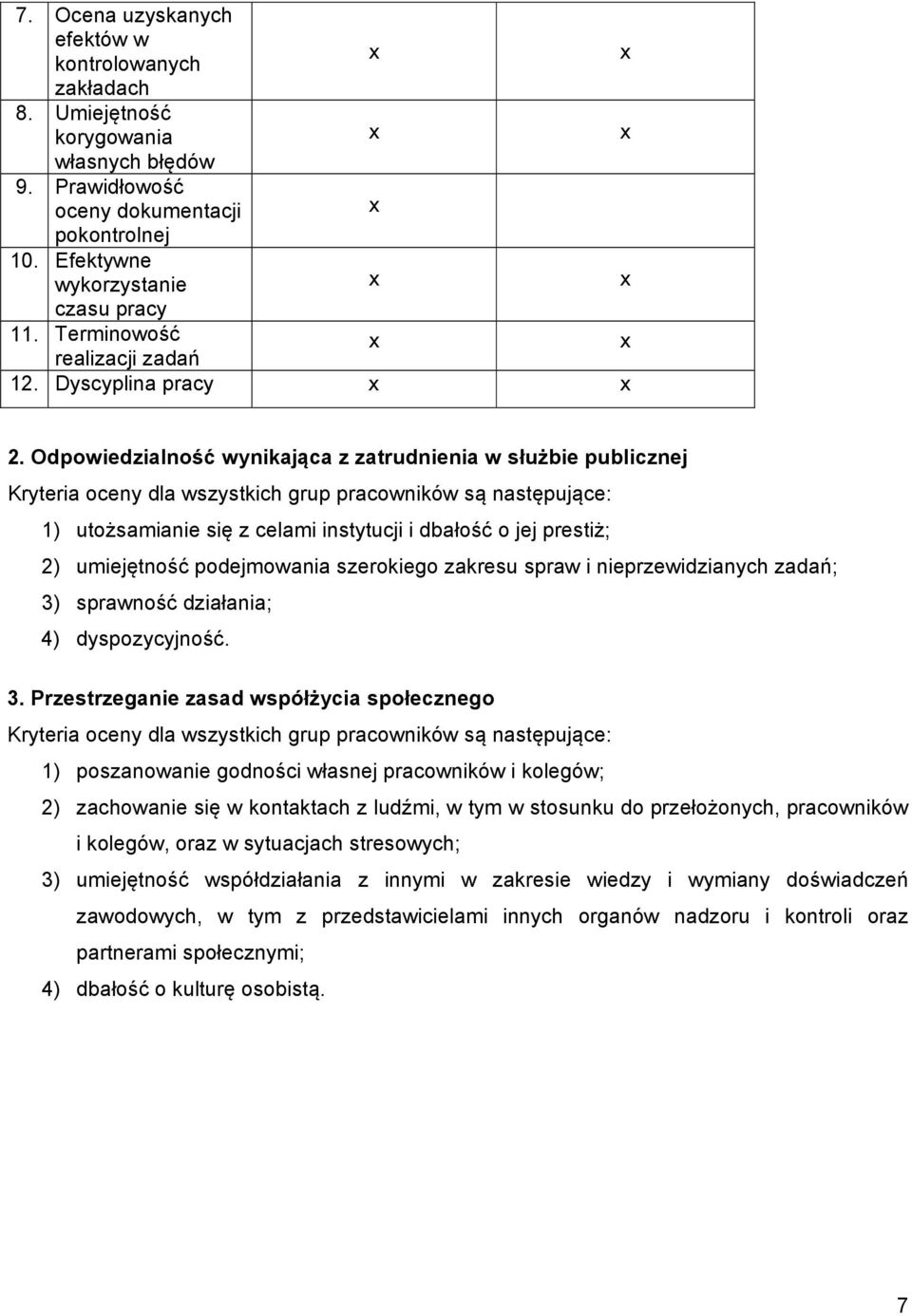 Odpowiedzialność wynikająca z zatrudnienia w służbie publicznej Kryteria oceny dla wszystkich grup pracowników są następujące: 1) utożsamianie się z celami instytucji i dbałość o jej prestiż; 2)