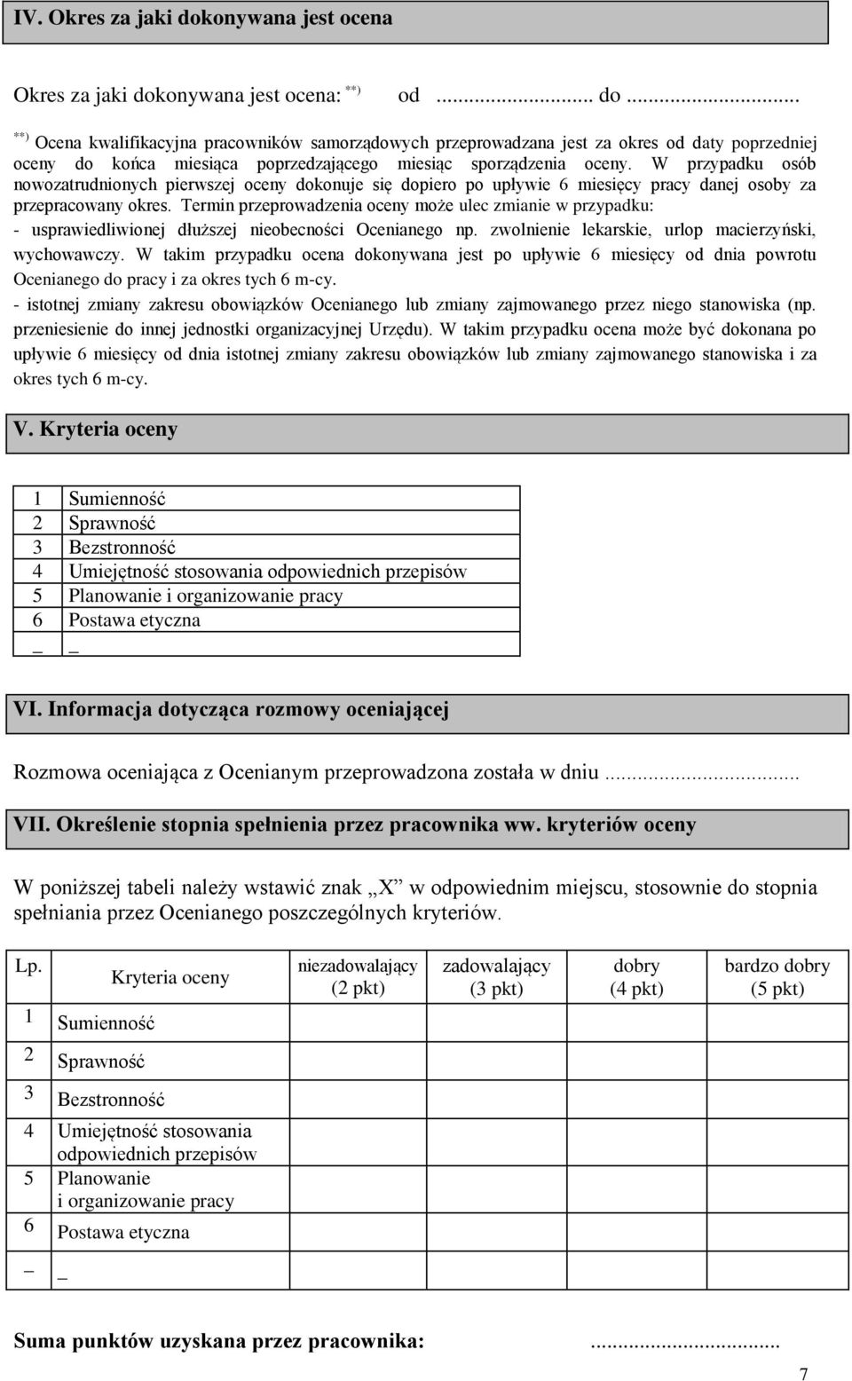 Termin przeprowadzenia oceny może ulec zmianie w przypadku: - usprawiedliwionej dłuższej nieobecności Ocenianego np. zwolnienie lekarskie, urlop macierzyński, wychowawczy.