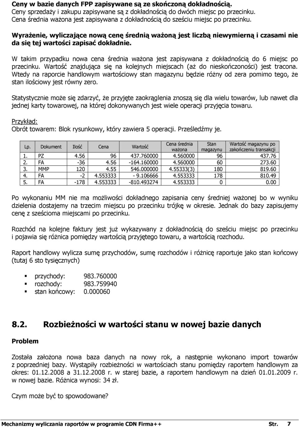 WyraŜenie, wyliczające nową cenę średnią waŝoną jest liczbą niewymierną i czasami nie da się tej wartości zapisać dokładnie.