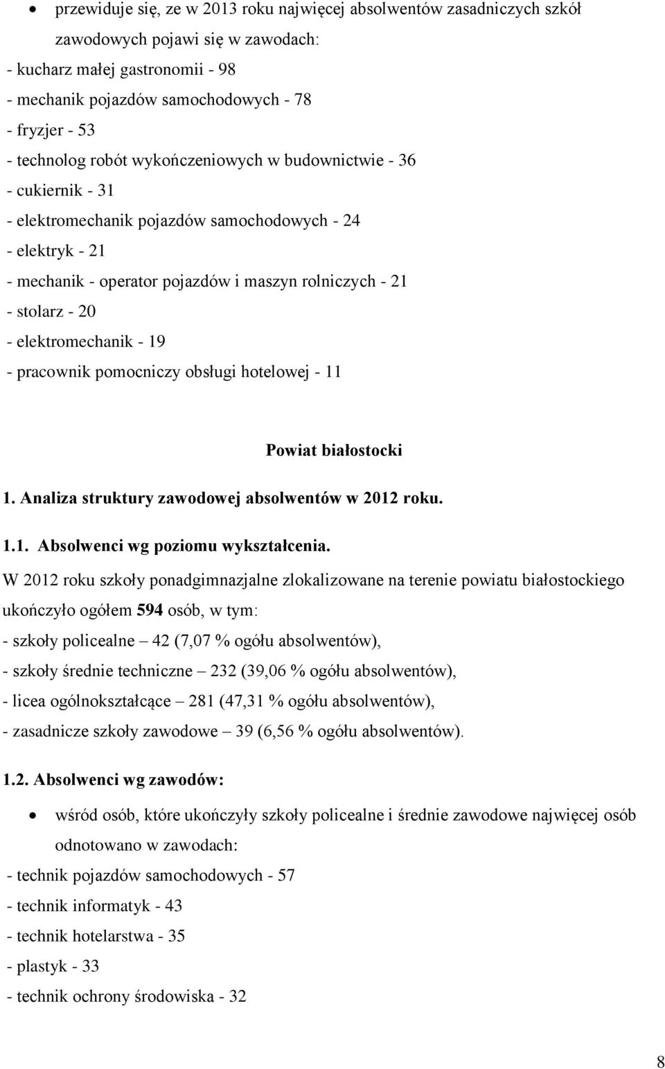 20 - elektromechanik - 19 - pracownik pomocniczy obsługi hotelowej - 11 Powiat białostocki 1. Analiza struktury zawodowej absolwentów w 2012 roku. 1.1. Absolwenci wg poziomu wykształcenia.