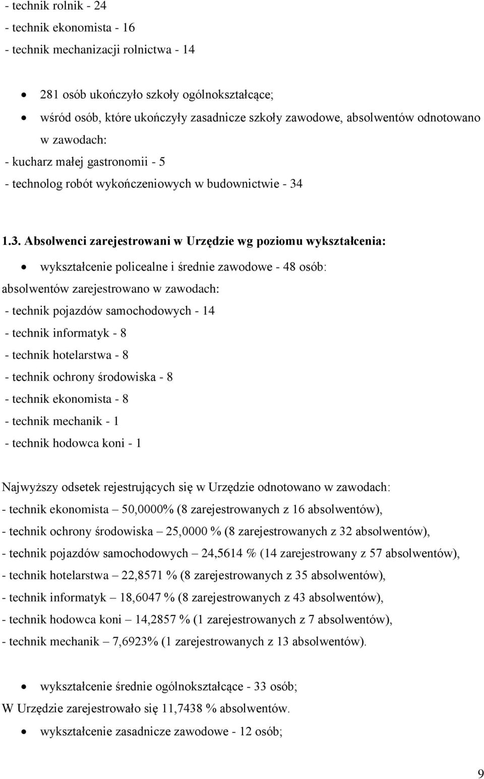 1.3. Absolwenci zarejestrowani w Urzędzie wg poziomu wykształcenia: wykształcenie policealne i średnie zawodowe - 48 osób: absolwentów zarejestrowano w zawodach: - technik pojazdów samochodowych - 14