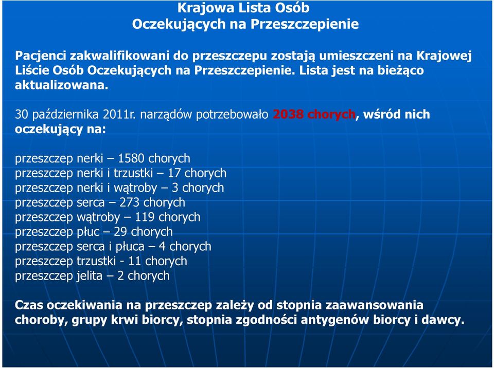 narządów potrzebowało 2038 chorych, wśród nich oczekujący na: przeszczep nerki 1580 chorych przeszczep nerki i trzustki 17 chorych przeszczep nerki i wątroby 3 chorych przeszczep