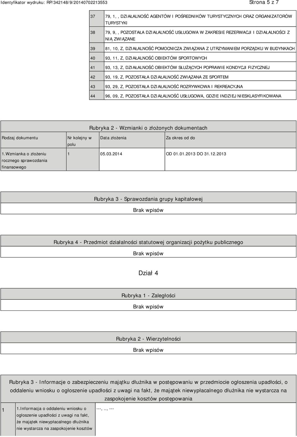 93, 19, Z, POZOSTAŁA DZIAŁALNOŚĆ ZWIĄZANA ZE SPORTEM 43 93, 29, Z, POZOSTAŁA DZIAŁALNOŚĆ ROZRYWKOWA I REKREACYJNA 44 96, 09, Z, POZOSTAŁA DZIAŁALNOŚĆ USŁUGOWA, GDZIE INDZIEJ NIESKLASYFIKOWANA Rubryka