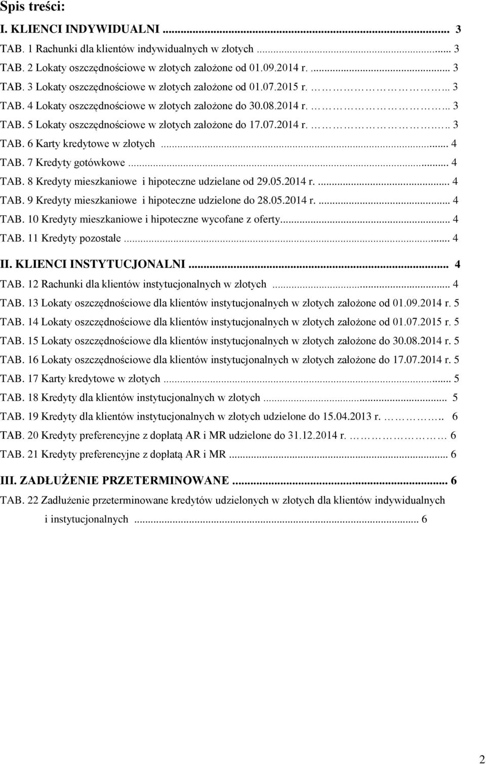 7 Kredyty gotówkowe... 4 TAB. 8 Kredyty mieszkaniowe i hipoteczne udzielane od 29.05.2014 r.... 4 TAB. 9 Kredyty mieszkaniowe i hipoteczne udzielone do 28.05.2014 r.... 4 TAB. 10 Kredyty mieszkaniowe i hipoteczne wycofane z oferty.