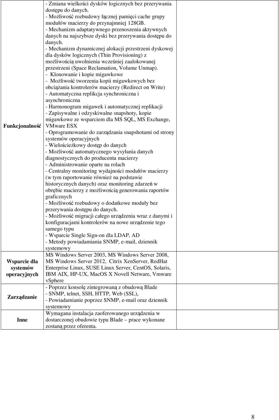 - Mechanizm dynamicznej alokacji przestrzeni dyskowej dla dysków logicznych (Thin Provisioning) z moŝliwością uwolnienia wcześniej zaalokowanej przestrzeni (Space Reclamation, Volume Unmap).