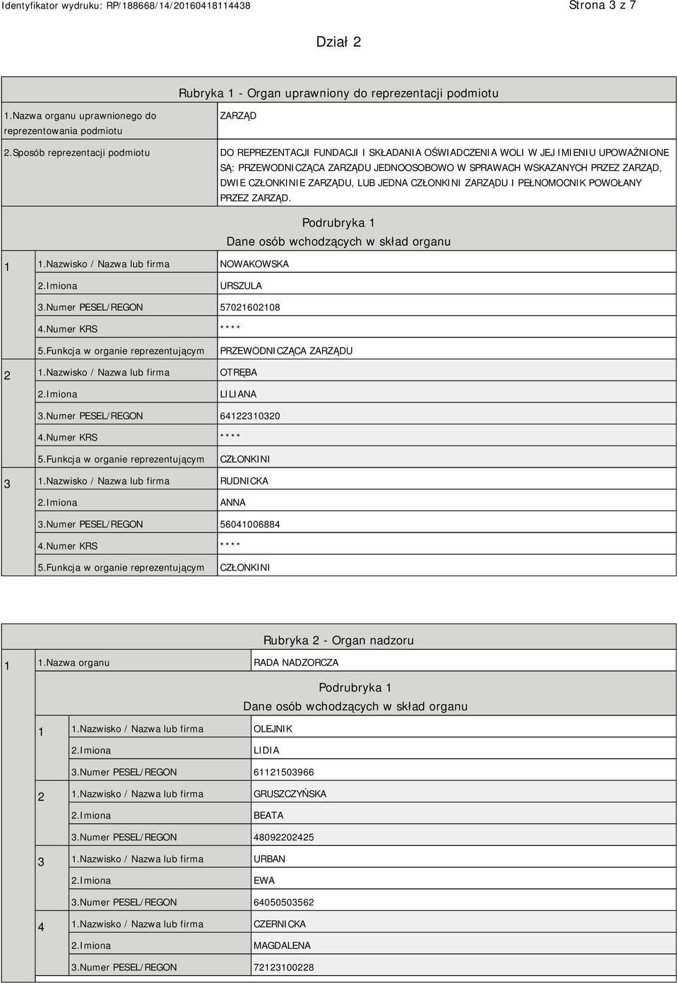 CZŁONKINIE ZARZĄDU, LUB JEDNA CZŁONKINI ZARZĄDU I PEŁNOMOCNIK POWOŁANY PRZEZ ZARZĄD. 1 1.Nazwisko / Nazwa lub firma NOWAKOWSKA Podrubryka 1 Dane osób wchodzących w skład organu URSZULA 3.