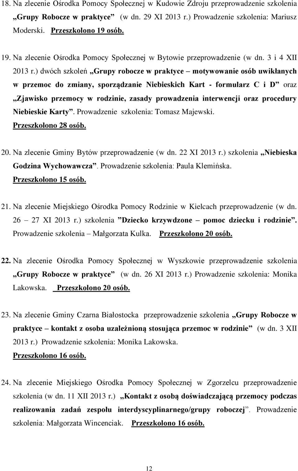 ) dwóch szkoleń Grupy robocze w praktyce motywowanie osób uwikłanych w przemoc do zmiany, sporządzanie Niebieskich Kart - formularz C i D oraz Zjawisko przemocy w rodzinie, zasady prowadzenia