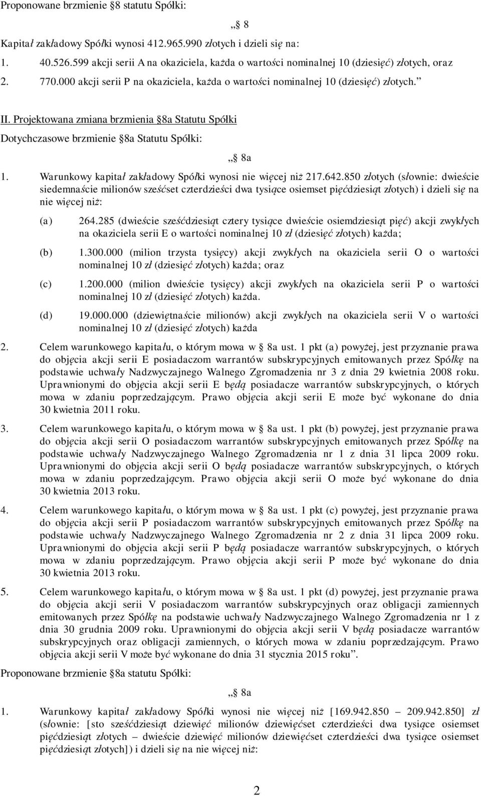 Projektowana zmiana brzmienia 8a Statutu Spó ki Dotychczasowe brzmienie 8a Statutu Spó ki: 8a 1. Warunkowy kapita zak adowy Spó ki wynosi nie wi cej ni 217.642.