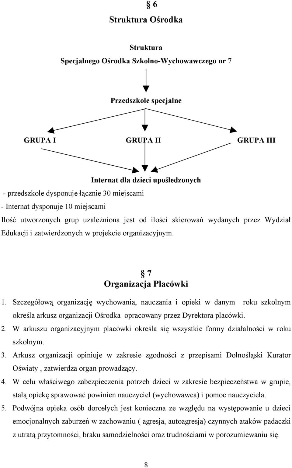 7 Organizacja Placówki 1. Szczegółową organizację wychowania, nauczania i opieki w danym roku szkolnym określa arkusz organizacji Ośrodka opracowany przez Dyrektora placówki. 2.