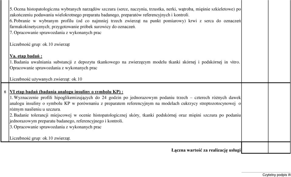 Opracowanie sprawozdania z wykonanych prac 6 VI etap badań (badania analogu insuliny o symbolu KP) : 1.