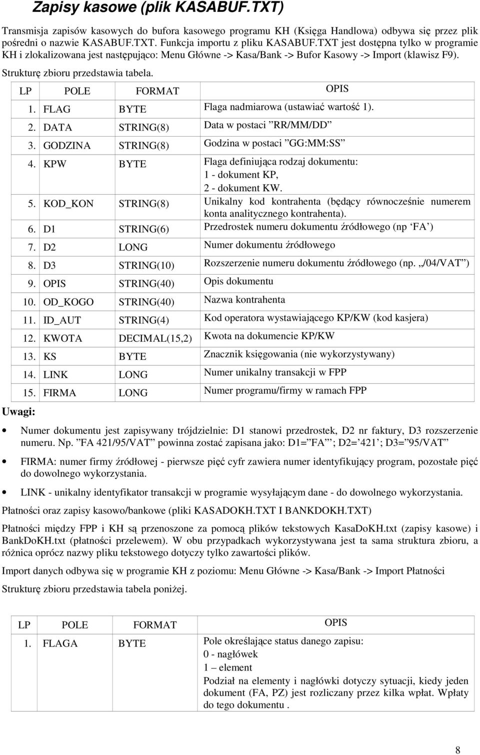 Uwagi: LP POLE FORMAT OPIS 1. FLAG BYTE Flaga nadmiarowa (ustawiać wartość 1). 2. DATA STRING(8) Data w postaci RR/MM/DD 3. GODZINA STRING(8) Godzina w postaci GG:MM:SS 4.