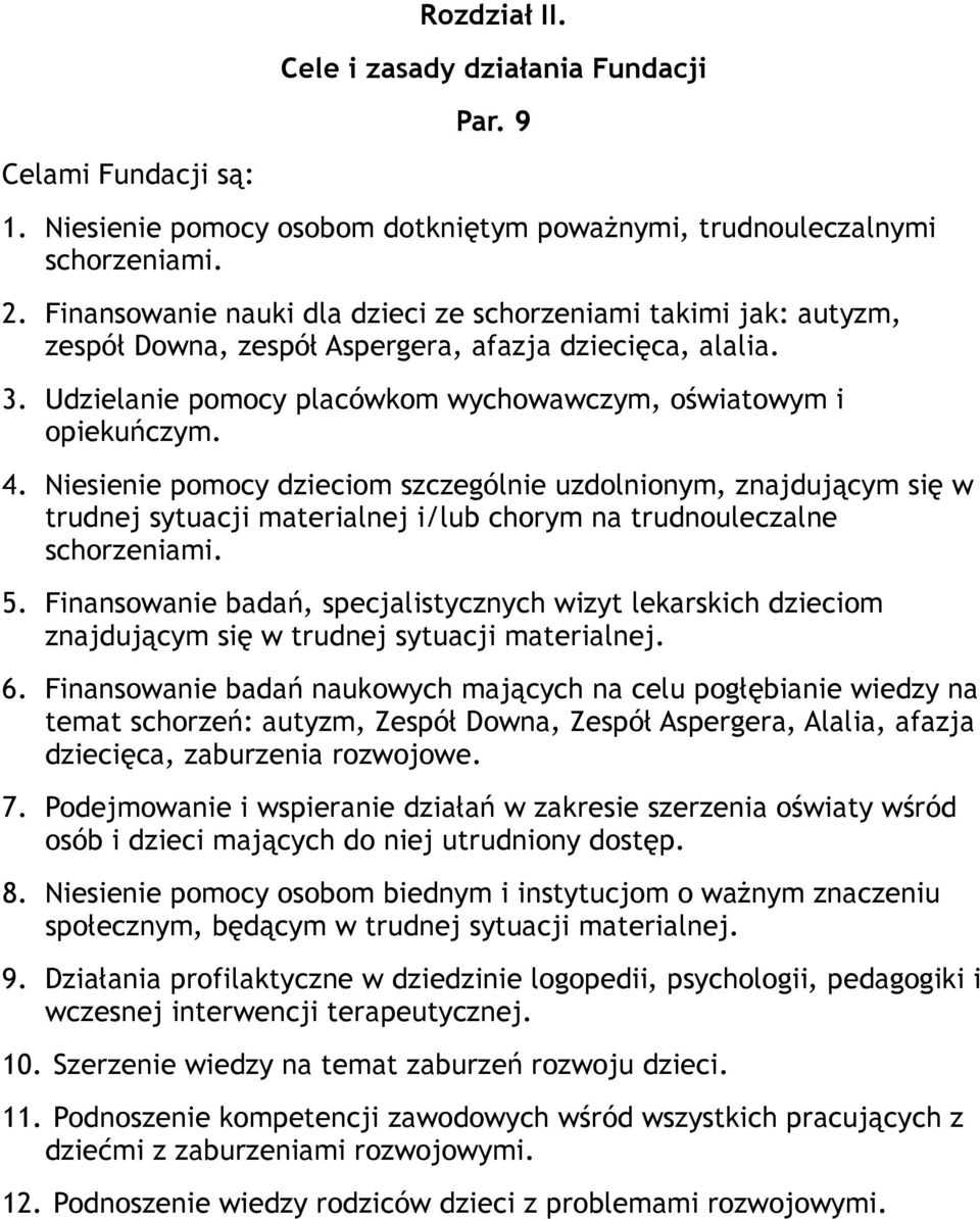 Niesienie pomocy dzieciom szczególnie uzdolnionym, znajdującym się w trudnej sytuacji materialnej i/lub chorym na trudnouleczalne schorzeniami. 5.