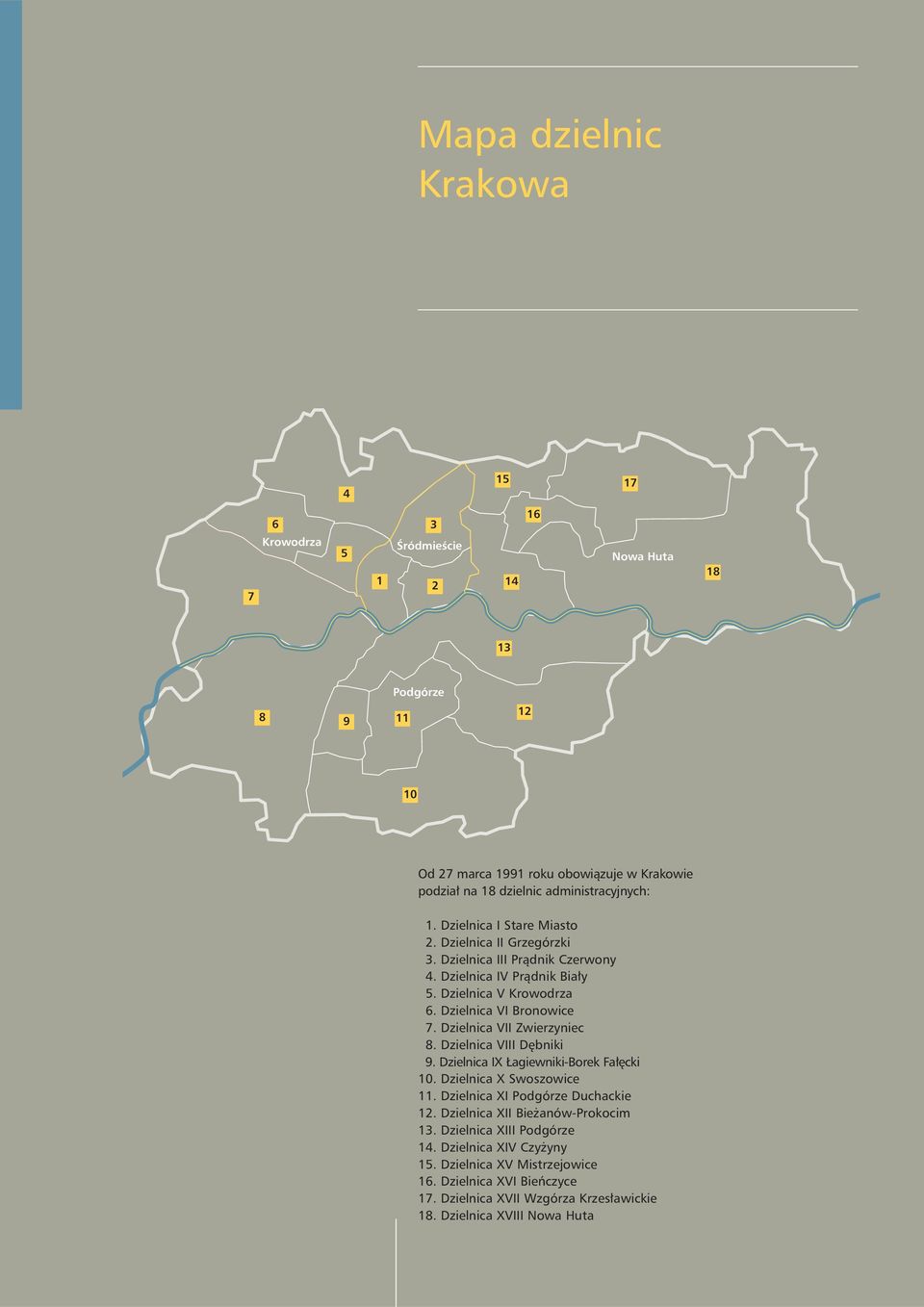 Dzielnica VI Bronowice 7. Dzielnica VII Zwierzyniec 8. Dzielnica VIII Dębniki 9. Dzielnica IX Łagiewniki-Borek Fałęcki 10. Dzielnica X Swoszowice 11. Dzielnica XI Podgórze Duchackie 12.