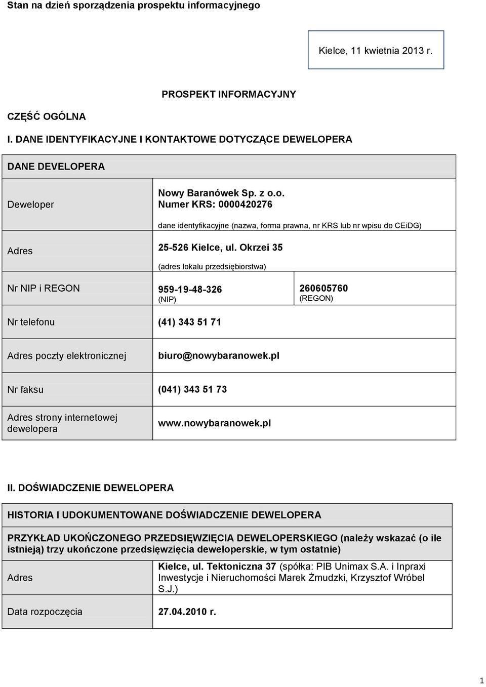 Okrzei 35 dane identyfikacyjne (nazwa, forma prawna, nr KRS lub nr wpisu do CEiDG) (adres lokalu przedsiębiorstwa) Nr NIP i REGON 959-19-48-326 (NIP) 260605760 (REGON) Nr telefonu (41) 343 51 71