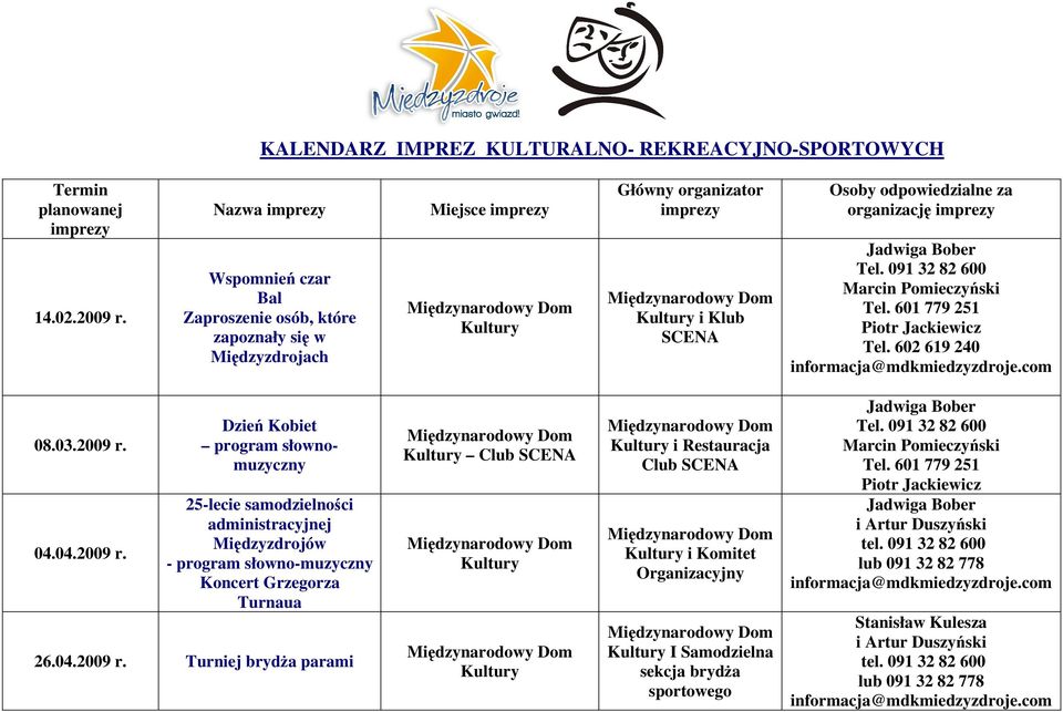 organizację imprezy Tel. 601 779 251 Tel. 602 619 240 08.03.2009 r.