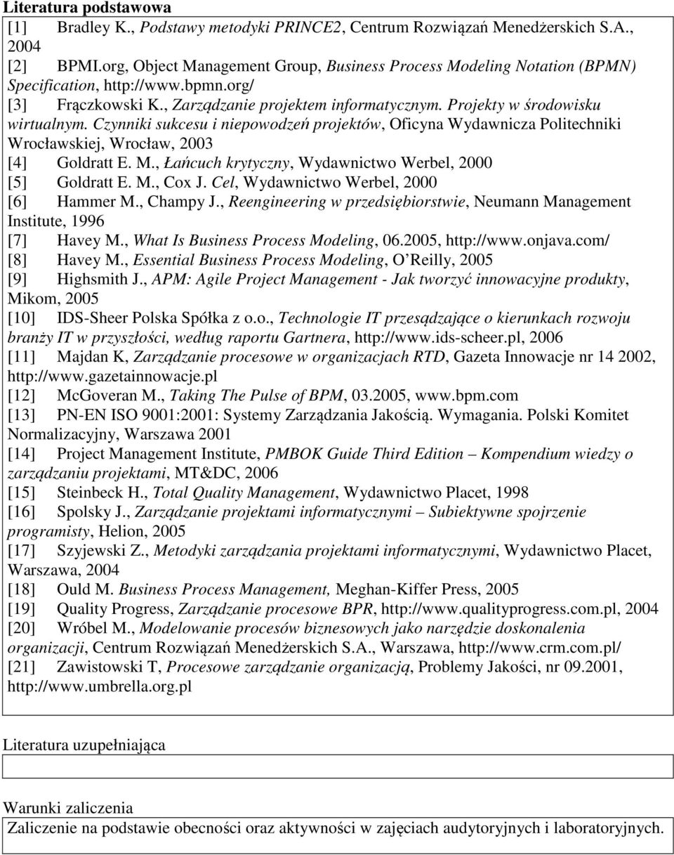 Czynniki sukcesu i niepowodzeń projektów, Oficyna Wydawnicza Politechniki Wrocławskiej, Wrocław, 2003 [4] Goldratt E. M., Łańcuch krytyczny, Wydawnictwo Werbel, 2000 [5] Goldratt E. M., Cox J.