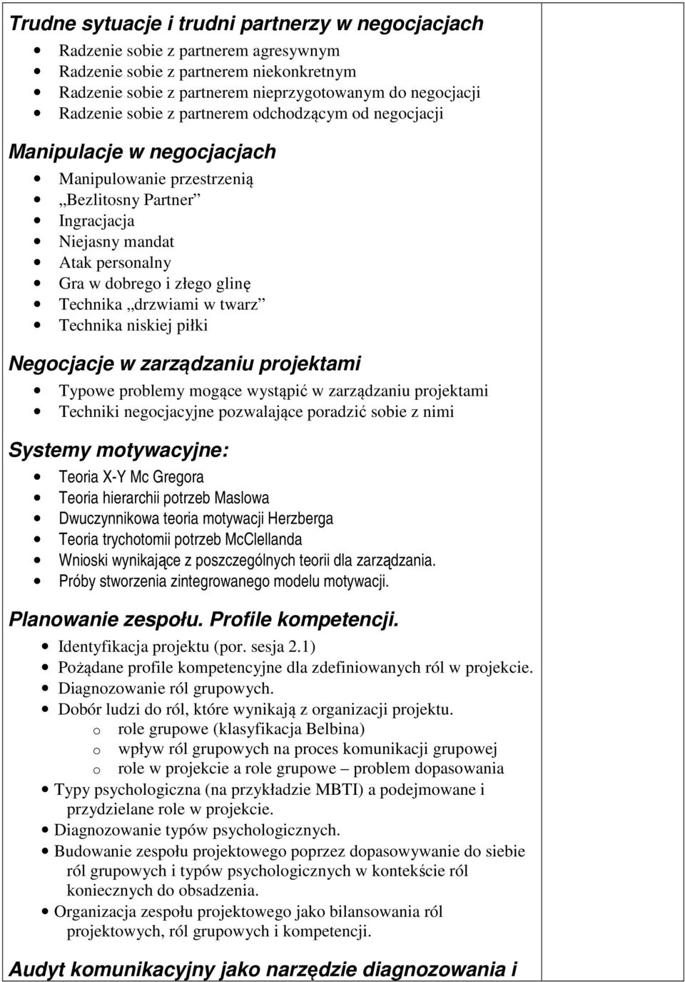 drzwiami w twarz Technika niskiej piłki Negocjacje w zarządzaniu projektami Typowe problemy mogące wystąpić w zarządzaniu projektami Techniki negocjacyjne pozwalające poradzić sobie z nimi Systemy