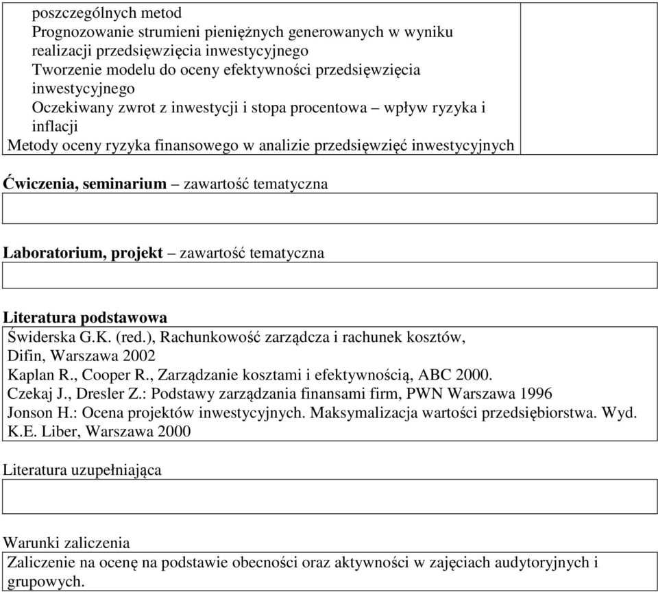 Laboratorium, projekt zawartość tematyczna Literatura podstawowa Świderska G.K. (red.), Rachunkowość zarządcza i rachunek kosztów, Difin, Warszawa 2002 Kaplan R., Cooper R.