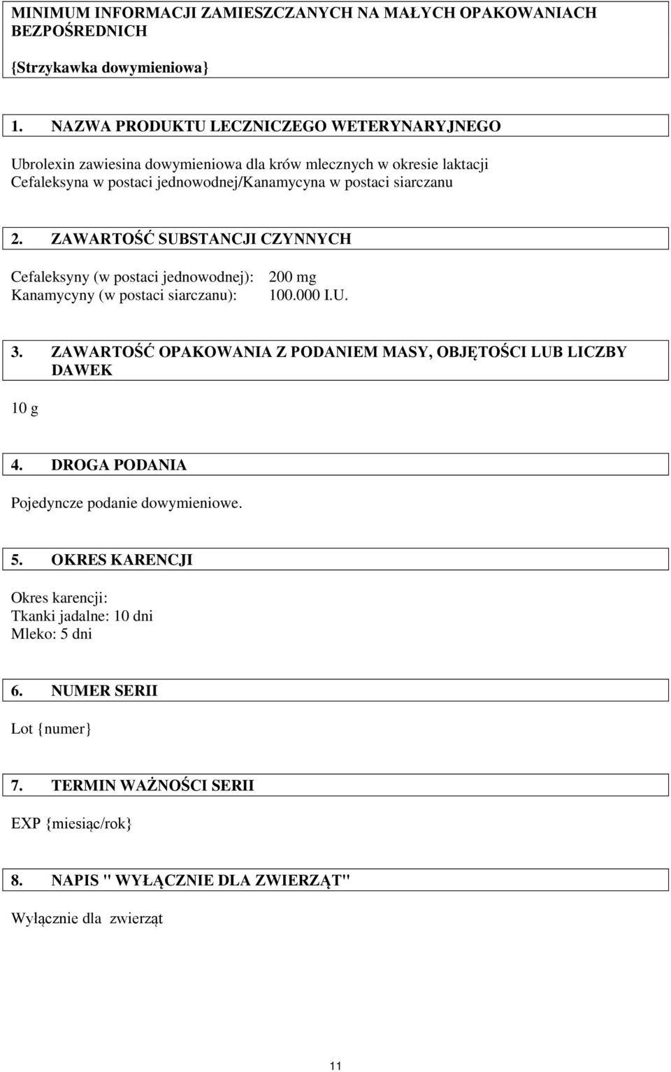 ZAWARTOŚĆ SUBSTANCJI CZYNNYCH Cefaleksyny (w postaci jednowodnej): 200 mg Kanamycyny (w postaci siarczanu): 100.000 I.U. 3.