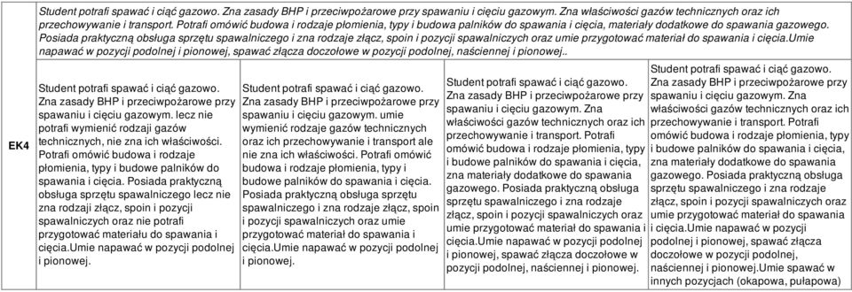 Posiada praktyczną obsługa sprzętu spawalniczego i zna rodzaje złącz, spoin i pozycji spawalniczych oraz umie przygotować materiał do spawania i cięcia.