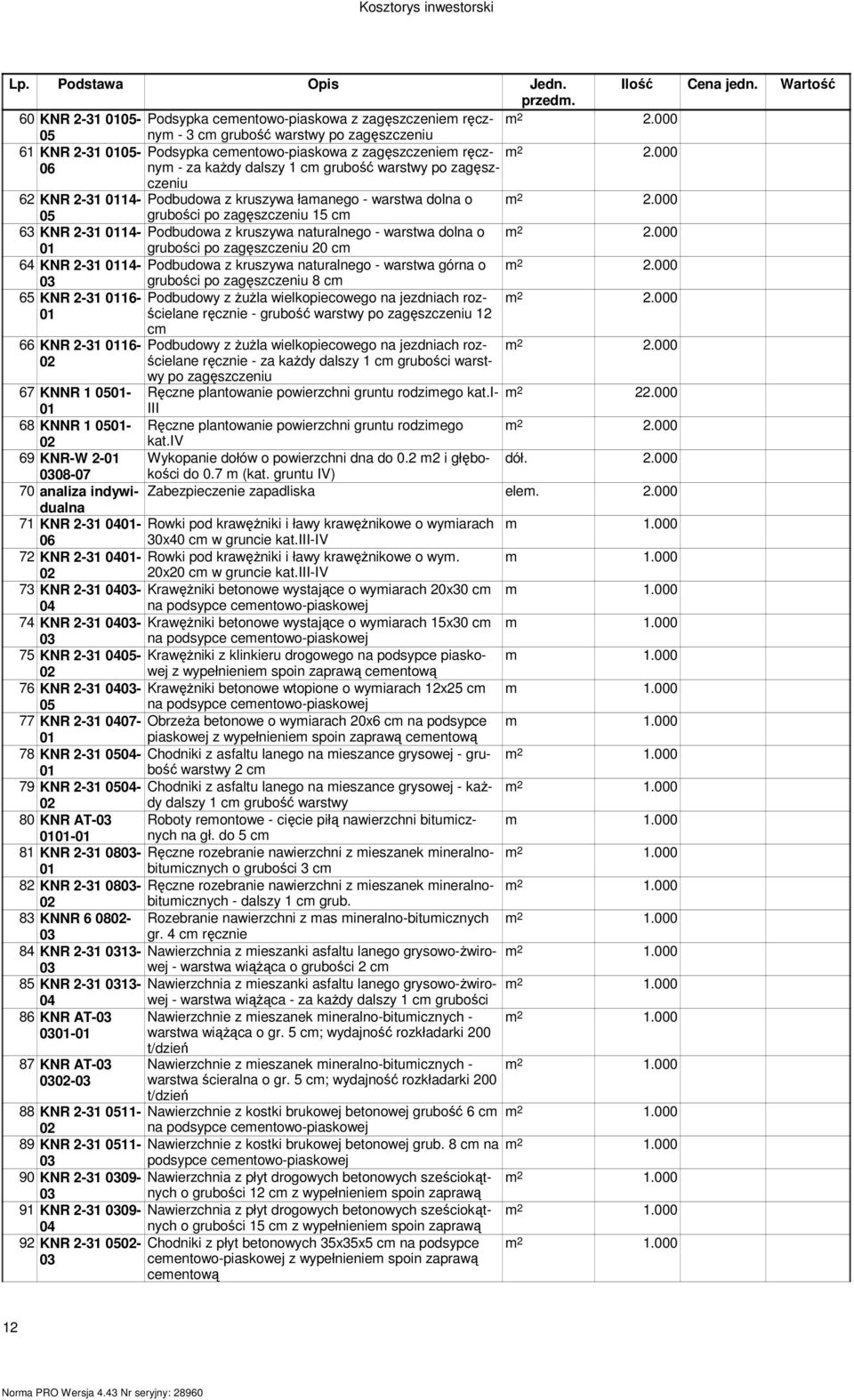 000 06 - za każdy dalszy 1 c grubość warstwy po zagęsz- czeniu 62 KNR 2-31 14- Podbudowa z kruszywa łaanego - warstwa dolna o 2.