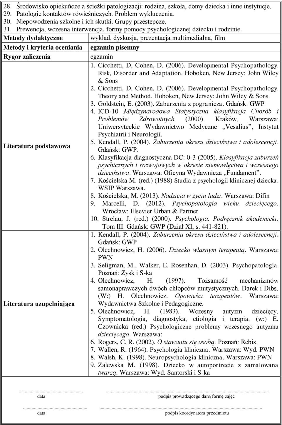 Metody dydaktyczne wykład, dyskusja, prezentacja multimedialna, film Metody i kryteria oceniania egzamin pisemny Rygor zaliczenia egzamin 1. Cicchetti, D, Cohen, D. (2006).