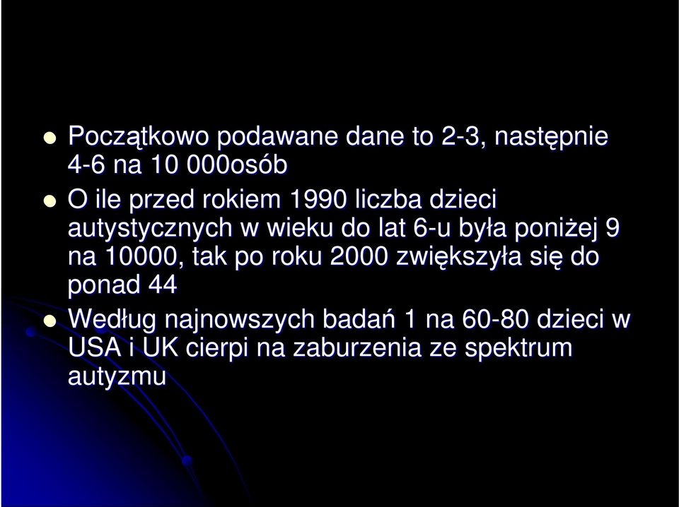 9 na 10000, tak po roku 2000 zwiększy kszyła a się do ponad 44 Według