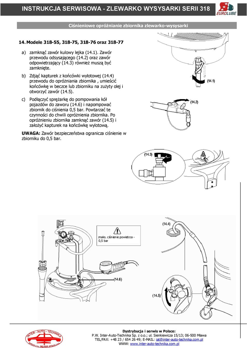4) przewodu do opróżniania zbiornika, umieścić końcówkę w beczce lub zbiorniku na zużyty olej i otworzyć zawór (14.5). c) Podłączyć sprężarkę do pompowania kół pojazdów do zaworu (14.