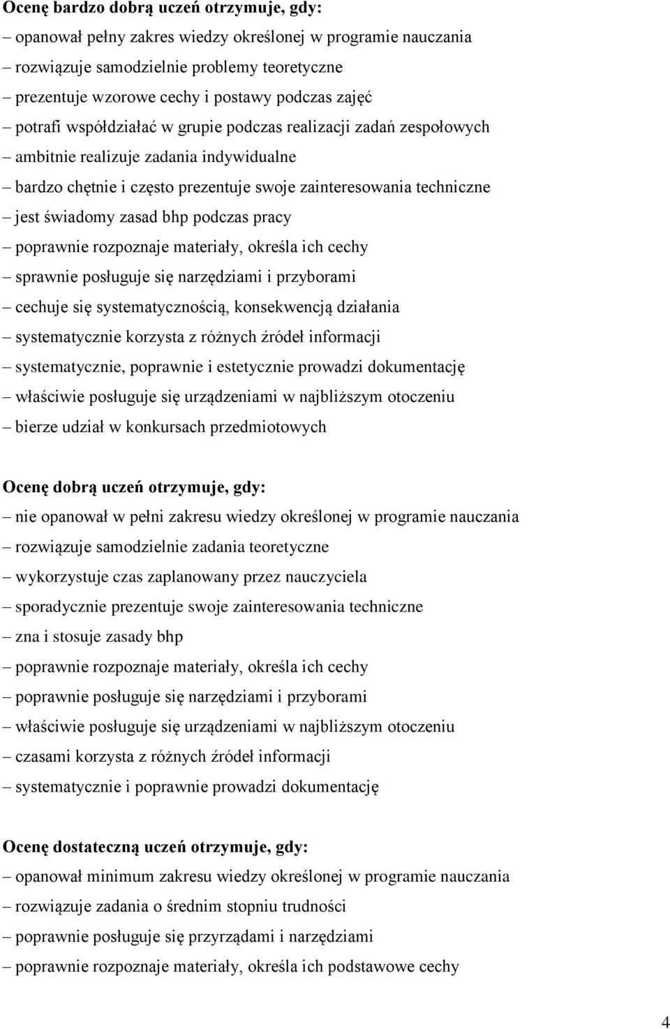 podczas pracy poprawnie rozpoznaje materiały, określa ich cechy sprawnie posługuje się narzędziami i przyborami cechuje się systematycznością, konsekwencją działania systematycznie korzysta z różnych