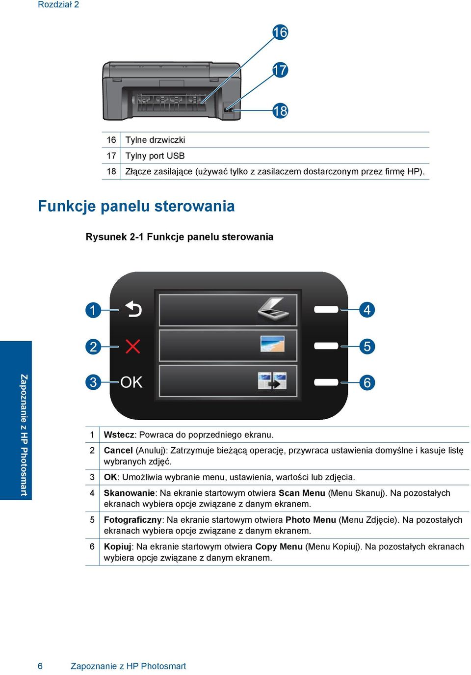 2 Cancel (Anuluj): Zatrzymuje bieżącą operację, przywraca ustawienia domyślne i kasuje listę wybranych zdjęć. 3 OK: Umożliwia wybranie menu, ustawienia, wartości lub zdjęcia.