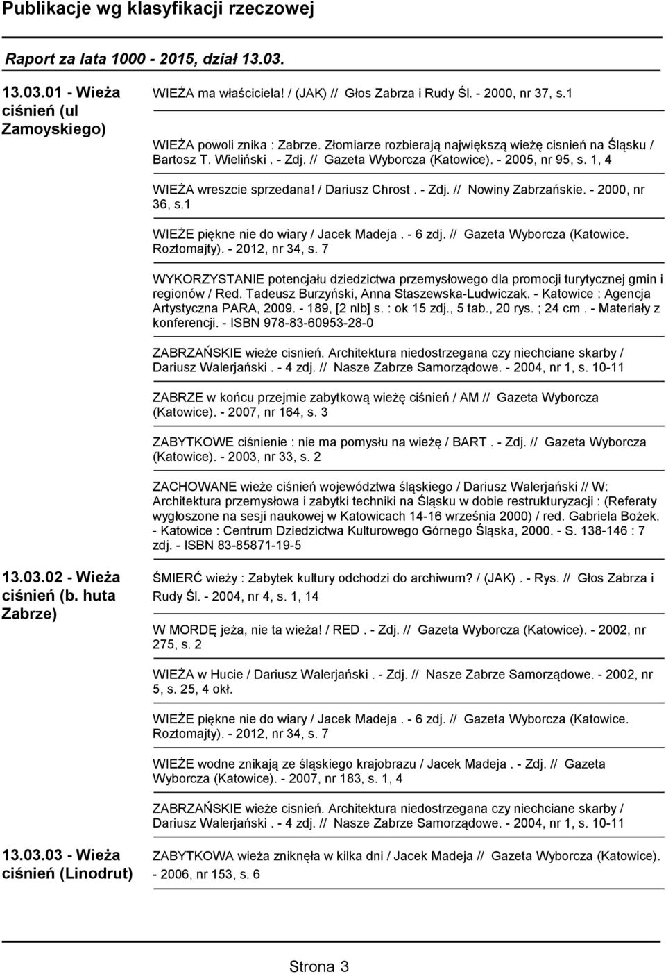 - 2000, nr 36, s.1 WIEŻE piękne nie do wiary / Jacek Madeja. - 6 zdj. // Gazeta Wyborcza (Katowice. Roztomajty). - 2012, nr 34, s.