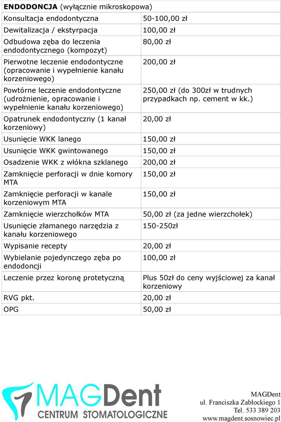 Usunięcie WKK gwintowanego Osadzenie WKK z włókna szklanego Zamknięcie perforacji w dnie komory MTA Zamknięcie perforacji w kanale korzeniowym MTA Zamknięcie wierzchołków MTA Usunięcie złamanego