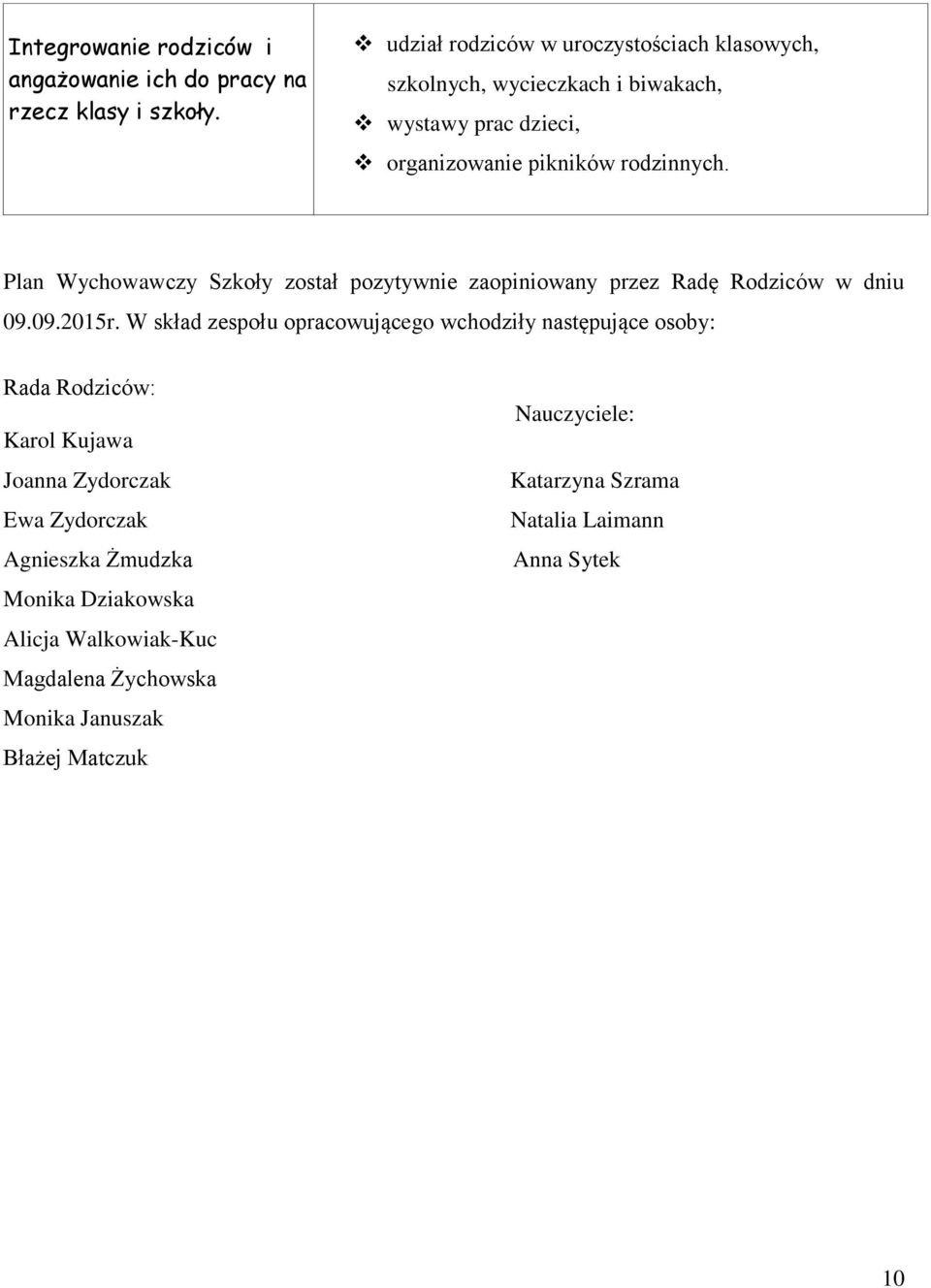 Plan Wychowawczy Szkoły został pozytywnie zaopiniowany przez Radę Rodziców w dniu 09.09.2015r.